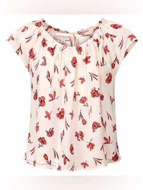 Lauren Conrad LC Floral Blouse Medium Cream Red Flower Print Flowy Boho Top